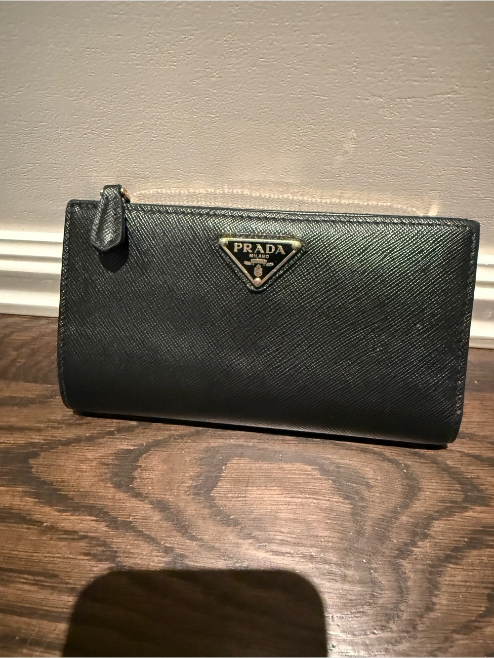 Prada Black Saffiano Leather Continental Wallet with Gold Logo